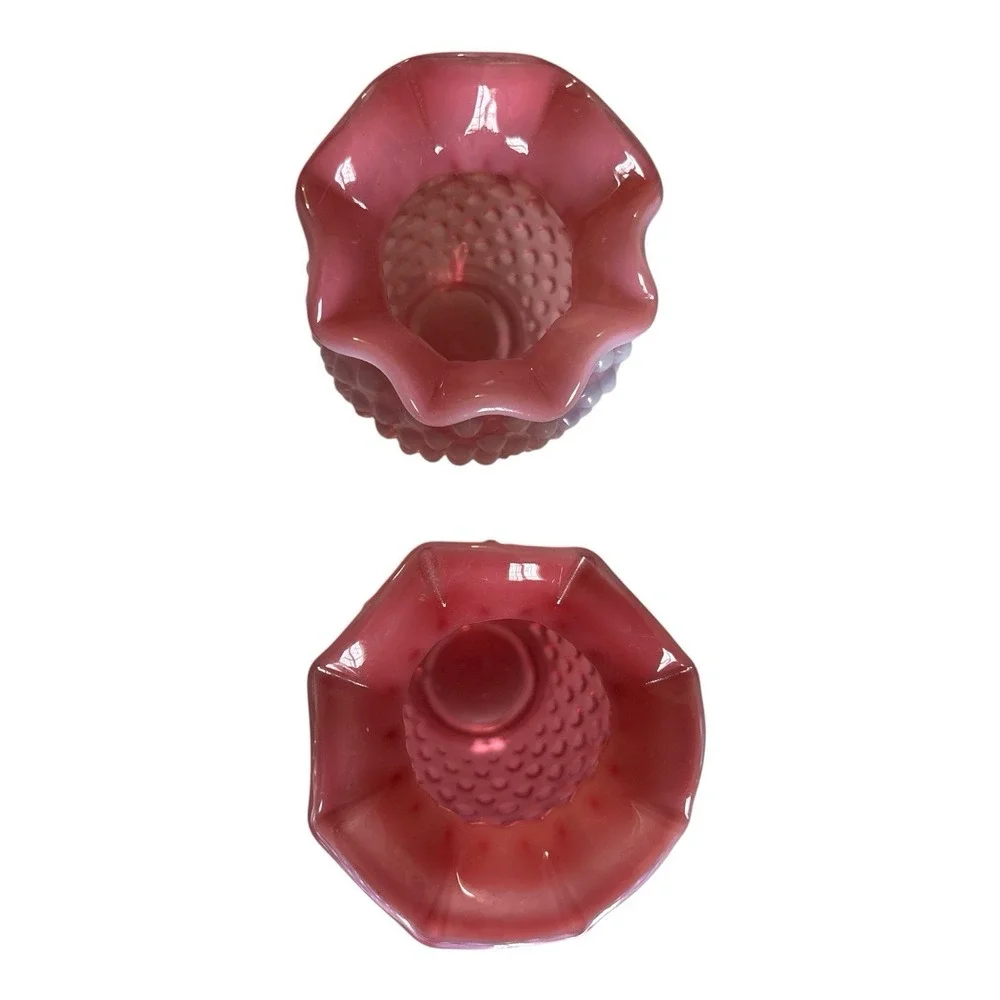 PAIR Vintage Fenton Vase Cranberry Opalescent Hobnail Glass Bud Vase Ruffle#08